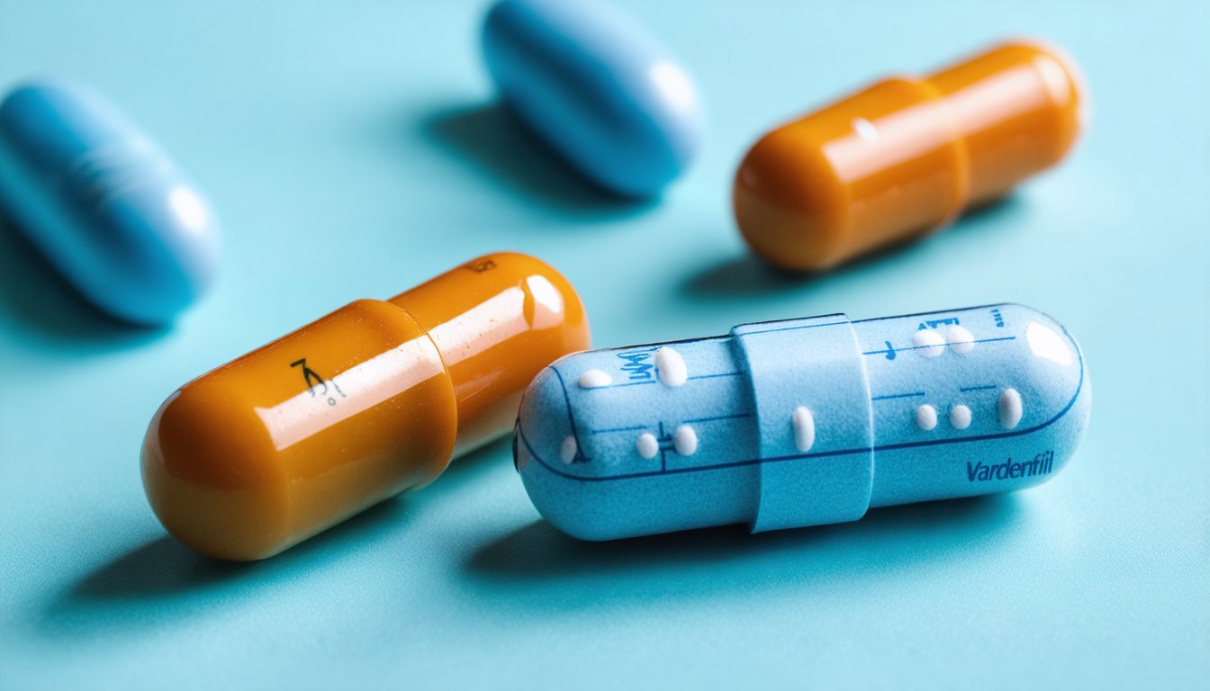 Blister pack of vardenafil tablets used for the treatment of erectile dysfunction on a neutral medical background